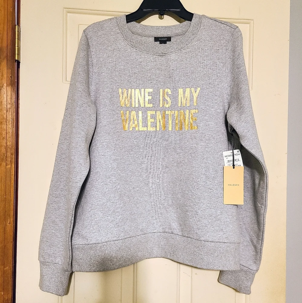 NWT Halogen "Wine Is My Valentine" Light Grey Comfy Fitted Scoop Neck Sweatshirt - Picture 2 of 8